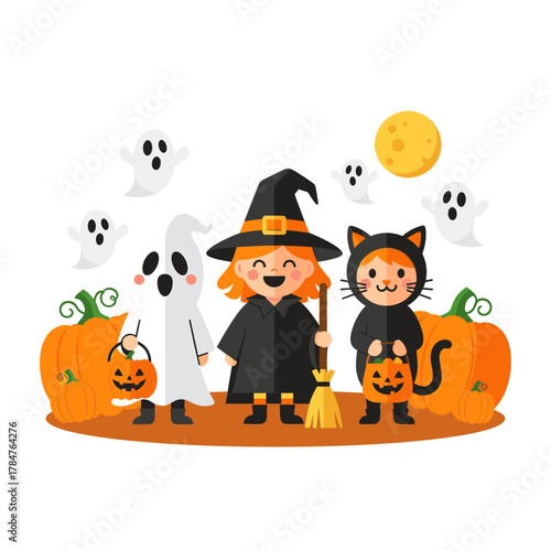 Cute Halloween Kids in Costumes: Witch, Ghost, and Cat with Pumpkins & Friendly Ghosts. Trick-or-Treating Fun Illustration.