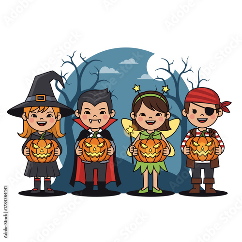 Happy Halloween Kids in Costumes Holding Jack-o'-Lanterns Under Moonlight Sky