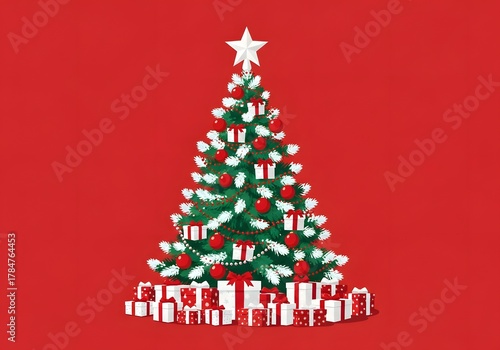 Festive Christmas Tree with Gifts on Red Background, Holiday Design for Greeting Cards and Wrapping Paper

