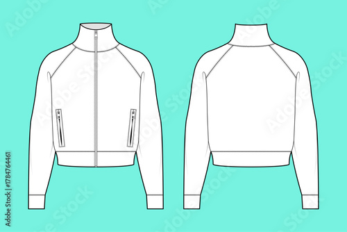 Women's Cropped Technical Jacket Front and Back Flat Sketch with High Collar, Raglan Sleeves, Zipper Closure, and Ribbed Hem