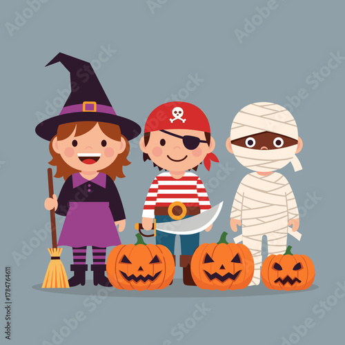 Cute cartoon kids in Halloween costumes: witch, pirate, and mummy characters with carved pumpkins. Festive flat illustration.