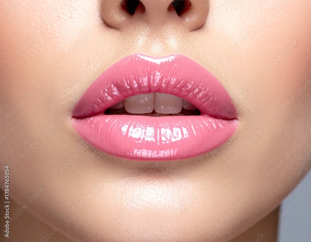 Fototapeta premium Close-up of glossy, pink lips, showing teeth and surrounding skin