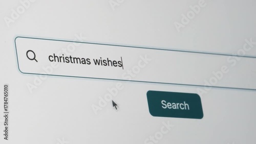 Christmas Wishes Search on Search Engine. Close Up Shot of Typing Search Term in Search Box on Web Page on Computer Screen. Real Time 4K.