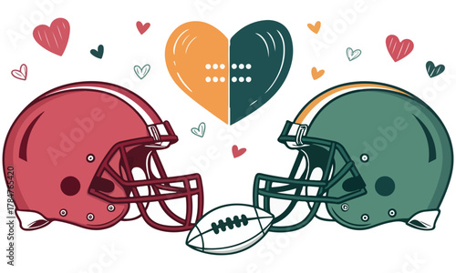 Playful and romantic football-themed illustrations featuring two helmets, a football, and colorful hearts forming a love connection. Perfect for Valentine’s Day, sports fans, couples who love football