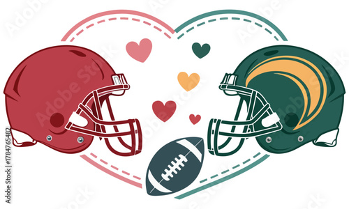 Playful and romantic football-themed illustrations featuring two helmets, a football, and colorful hearts forming a love connection. Perfect for Valentine’s Day, sports fans, couples who love football