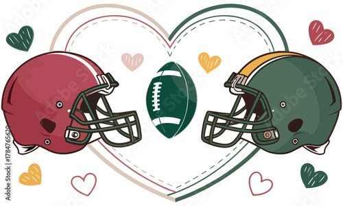 Playful and romantic football-themed illustrations featuring two helmets, a football, and colorful hearts forming a love connection. Perfect for Valentine’s Day, sports fans, couples who love football