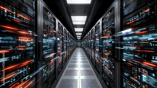 A futuristic data center corridor showcasing rows of servers with vibrant lights. The high-tech environment emphasizes digital innovation and efficient data processing.