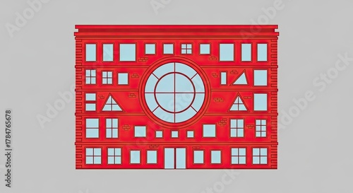 Modern Red Building Facade with Geometric Windows and Circular Centerpiece.