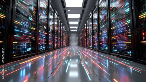 A vibrant data center showcasing rows of glowing servers
