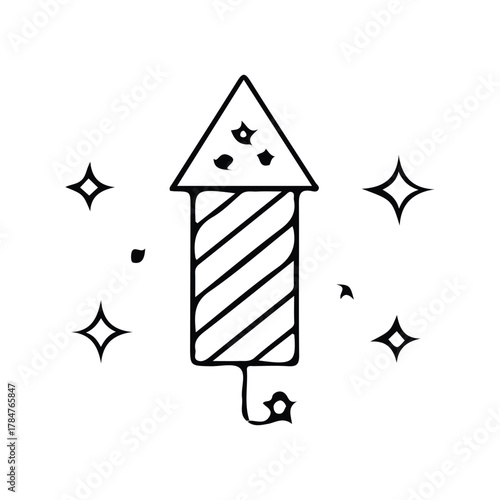 Hand-drawn doodle illustration of a festive firework rocket igniting with sparkling light effects, perfect for celebration and holiday designs, capturing the joy of events