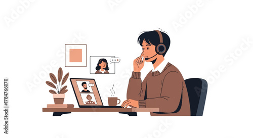 Engaged in Virtual Communication Man Conversing with Colleagues in Online Meeting