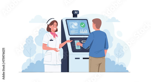Nurse guides patient through AI health check kiosk for convenient healthcare