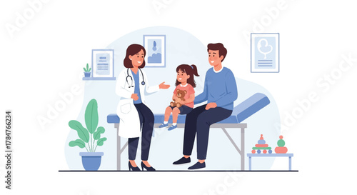 Caring pediatrician provides medical consultation to a little girl and her father, a detailed vector illustration depicting child healthcare in a welcoming clinic