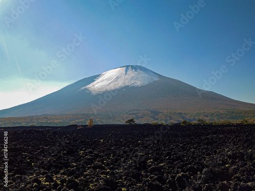 Snow-capped volcanic mountain and lava field under a clear blue sky