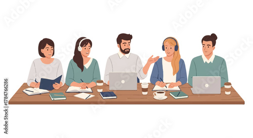 Diverse group of individuals collaborating and studying together around a table with laptops and books