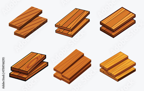 Isometric Illustration of Stacks of Wooden Planks in Different Piles