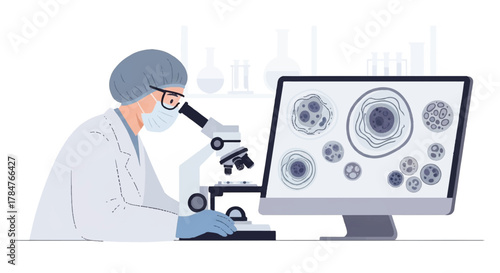 Scientist examining cells under a microscope and observing them on a computer screen, illustrating medical research and scientific discovery