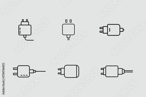 Charging adapter outline icons set for technology collection
