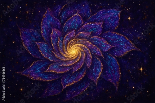 A highly stylized, almost impressionistic image of a galaxy where the spiral arms unfurl like petals in a cosmic bloom.