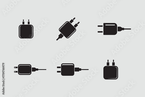 Charging adapter solid icons set for power supply collection