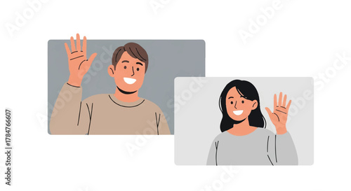 Two smiling people waving hello during a video call or online meeting, illustrating remote communication and connection