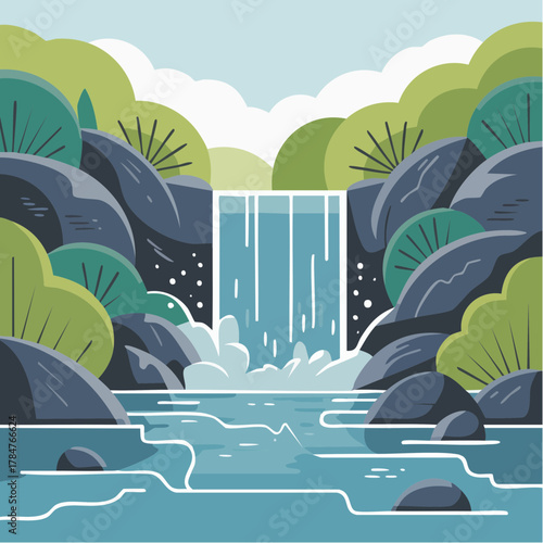 Peaceful waterfall flowing through lush green forest, a calming nature retreat, perfect for travel blogs or relaxation themes with its serene beauty