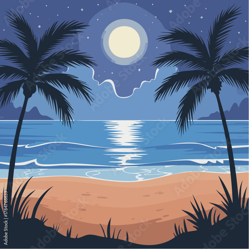 Dreamy moonlit beach escape with swaying palms, serene ocean, and soft sand, perfect for vacation vibes and tropical getaways, designed with vector precision