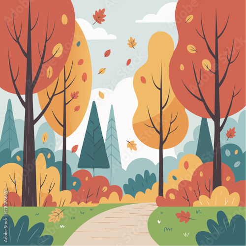 Stunning autumn landscape with falling leaves and winding path, inviting stroll through vibrant fall colors, perfect for seasonal greetings and nature-themed designs