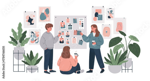 Creative team collaboration on a design project, blending ideas in a modern studio environment, a vibrant vector illustration of artistic teamwork
