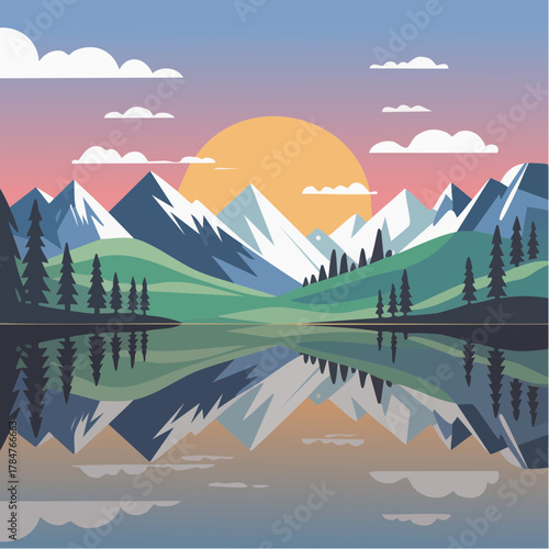Stunning mountain range reflecting on calm lake, a peaceful nature scene for travel and adventure designs, evoking serenity and wonder in the great outdoors