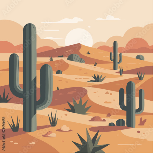 Serene desert landscape with towering cacti under the warm sun, perfect for travel blogs, nature documentaries, or southwestern-themed designs, originally vector art