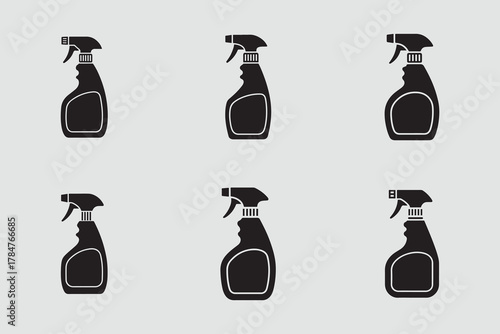 Cleaning spray bottle solid icons set for household hygiene
