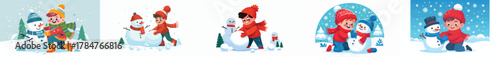 vector of a little boy making a snowman