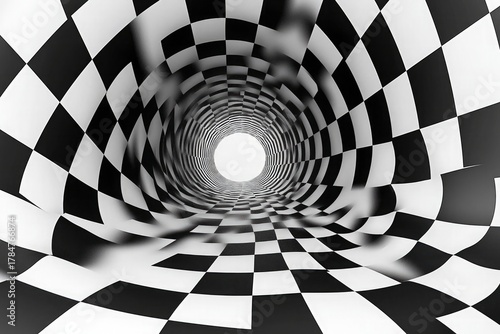 Fototapeta Naklejka Na Ścianę i Meble -  3d render of black and white checkered tunnel with glowing center point for visual illusion or abstract design