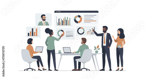 Diverse business team collaborating in a virtual meeting, analyzing complex data visualizations and charts for strategic planning