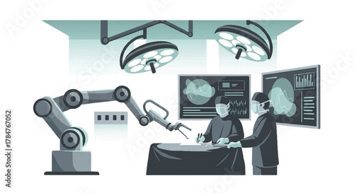 Advanced medical illustration of robotic-assisted surgery, with surgeons using high-tech interfaces in a futuristic operating theater