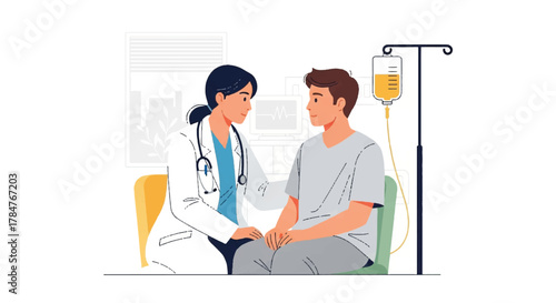 Caring female doctor offers compassionate support and medical attention to a male patient receiving intravenous treatment in a modern healthcare setting, symbolizing hope