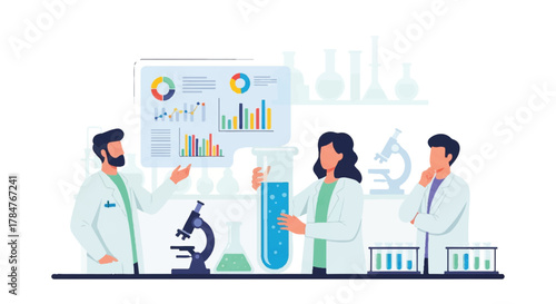 Scientists actively analyzing data and conducting experiments in a modern laboratory, collaborating to process complex information for scientific discovery