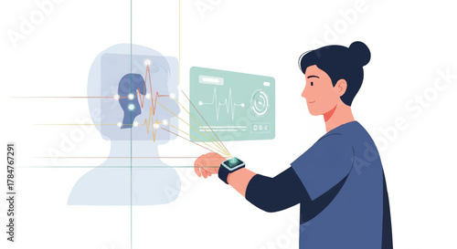 A person using a futuristic smartwatch to analyze brainwave patterns and biometric data on an augmented reality interface, a concept in healthcare technology