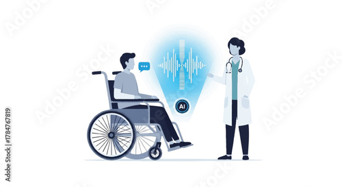 AI-assisted communication for patients in wheelchairs, enabling seamless interaction with doctors using innovative voice technology in modern healthcare settings