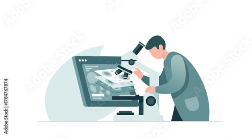 Scientist analyzing samples with a modern microscope and digital screen, enabling advanced research, data visualization, and scientific discovery in a contemporary laboratory setting