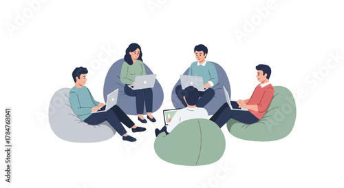 Collaborative Team Sharing Ideas on Beanbags Vector Illustration