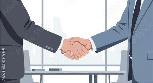 Business professionals shaking hands in a modern office setting, symbolizing agreement and partnership
