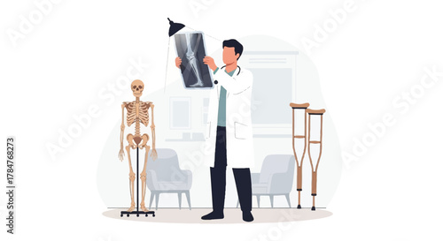 Dedicated Medical Professional Interpreting X-Ray Film for Orthopedic Diagnosis, Surrounded by Anatomical Models and Crutches in a Modern Healthcare Setting, Highlighting Expertise in Patient Care
