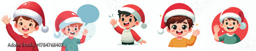 vector of a little boy in a Christmas hat waving