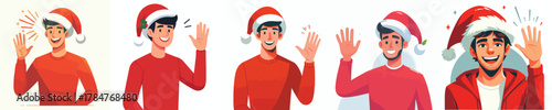 vector of a man in a Christmas hat waving