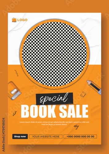 Special book sale announcement with stack of books and decorative elements on green background.
Exciting special book sale announcement featuring stacked books and graduation cap on a vibrant green.