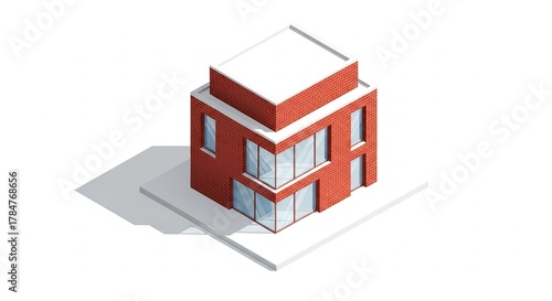 Modern Red Brick Building with Large Windows and Flat Roof.