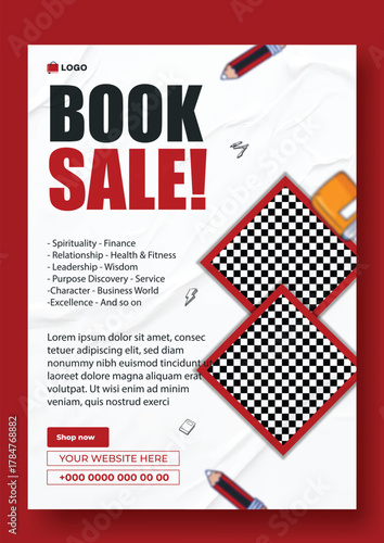 Special book sale announcement with stack of books and decorative elements on green background.
Exciting special book sale announcement featuring stacked books and graduation cap on a vibrant green.