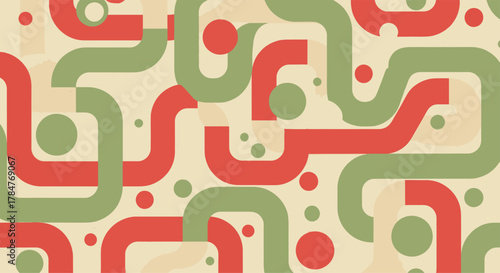 Abstract retro pattern with flowing red and green lines and circles.